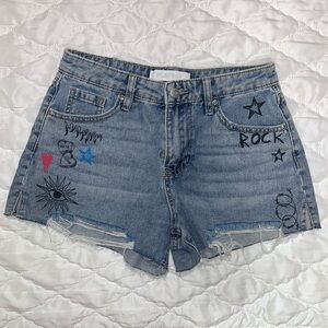 Playboy Distressed Denim Shorts with Hand-Drawn Designs Juniors size 5 (W25.5”)
